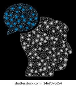 Glossy mesh person idea with sparkle effect. Abstract illuminated model of person idea icon. Shiny wire frame polygonal mesh person idea. Vector abstraction on a black background.