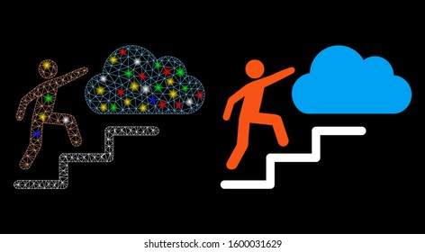 Glossy mesh Person steps to cloud icon with glitter effect. Abstract illuminated model of Person steps to cloud. Shiny wire frame triangular mesh Person steps to cloud icon.