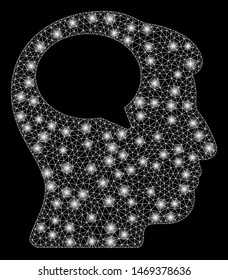 Glossy mesh person thinking with glitter effect. Abstract illuminated model of person thinking icon. Shiny wire frame polygonal mesh person thinking. Vector abstraction on a black background.