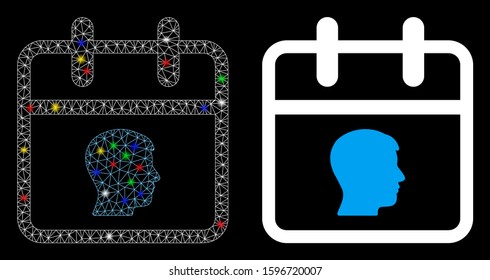 Glossy mesh personal day icon with glare effect. Abstract illuminated model of personal day. Shiny wire frame triangular network personal day icon. Vector abstraction on a black background.