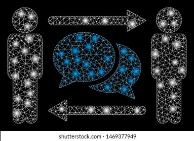 Glossy mesh persons exchange messages with sparkle effect. Abstract illuminated model of persons exchange messages icon. Shiny wire frame polygonal mesh persons exchange messages.