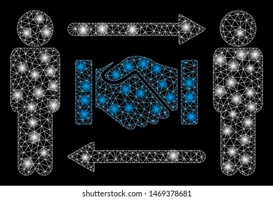 Glossy mesh persons handshake exchange with glitter effect. Abstract illuminated model of persons handshake exchange icon. Shiny wire frame polygonal mesh persons handshake exchange.