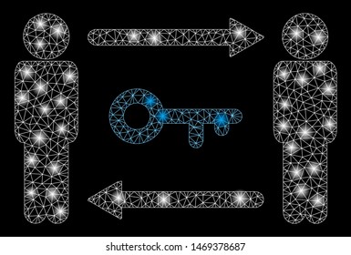 Glossy mesh persons key exchange with sparkle effect. Abstract illuminated model of persons key exchange icon. Shiny wire frame triangular mesh persons key exchange.