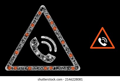Glossy mesh phone call warning with lightspots. Linear carcass flat mesh generated with crossed white lines and phone call warning icon.