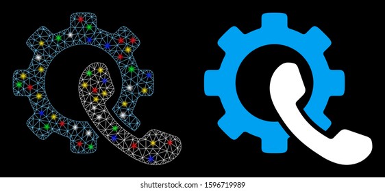 Glossy mesh phone configuration icon with glare effect. Abstract illuminated model of phone configuration. Shiny wire frame polygonal mesh phone configuration icon.