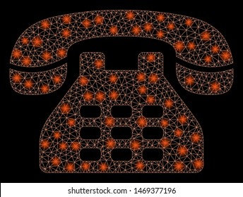 Glossy mesh phone with glare effect. Abstract illuminated model of phone icon. Shiny wire carcass polygonal mesh phone. Vector abstraction on a black background.