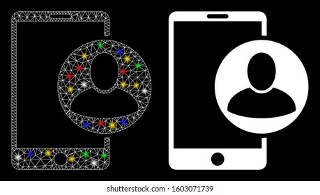 Glossy mesh phone user profile icon with glitter effect. Abstract illuminated model of phone user profile. Shiny wire carcass polygonal mesh phone user profile icon.