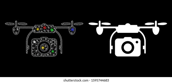 Glossy mesh photo drone icon with glitter effect. Abstract illuminated model of photo drone. Shiny wire carcass triangular mesh photo drone icon. Vector abstraction on a black background.