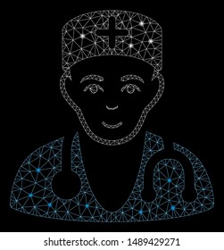 Glossy mesh physician with lightspot effect. Abstract illuminated model of physician icon. Shiny wire frame polygonal mesh physician. Vector abstraction on a black background.