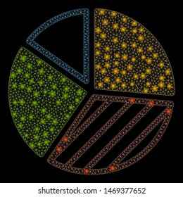 Glossy mesh pie chart with lightspot effect. Abstract illuminated model of pie chart icon. Shiny wire carcass triangular mesh pie chart. Vector abstraction on a black background.