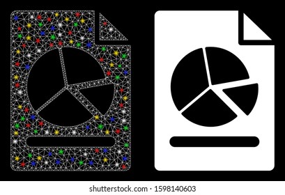 Glossy mesh pie chart report page icon with sparkle effect. Abstract illuminated model of pie chart report page. Shiny wire frame triangular mesh pie chart report page icon.
