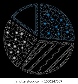 Glossy mesh pie chart with sparkle effect. Abstract illuminated model of pie chart icon. Shiny wire frame polygonal mesh pie chart. Vector abstraction on a black background.