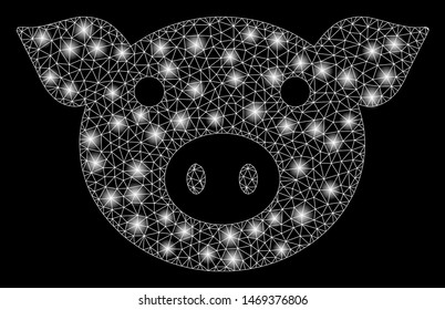 Glossy mesh pig head with sparkle effect. Abstract illuminated model of pig head icon. Shiny wire carcass polygonal mesh pig head. Vector abstraction on a black background.