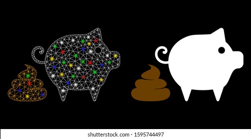 Glossy mesh pig shit icon with glitter effect. Abstract illuminated model of pig shit. Shiny wire carcass triangular mesh pig shit icon. Vector abstraction on a black background.