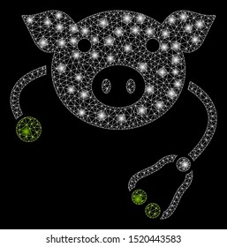 Glossy mesh pig veterinary with glare effect. Abstract illuminated model of pig veterinary icon. Shiny wire frame polygonal mesh pig veterinary. Vector abstraction on a black background.
