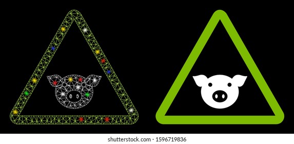 Glossy mesh pig warning icon with glow effect. Abstract illuminated model of pig warning. Shiny wire frame polygonal mesh pig warning icon. Vector abstraction on a black background.