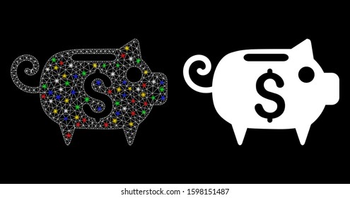 Glossy mesh piggy bank icon with lightspot effect. Abstract illuminated model of piggy bank. Shiny wire carcass polygonal network piggy bank icon. Vector abstraction on a black background.