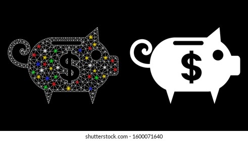 Glossy mesh piggy bank icon with glare effect. Abstract illuminated model of piggy bank. Shiny wire carcass polygonal mesh piggy bank icon. Vector abstraction on a black background.