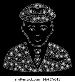 Glossy mesh pilot with glare effect. Abstract illuminated model of pilot icon. Shiny wire carcass polygonal mesh pilot. Vector abstraction on a black background.