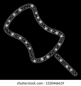 Glossy mesh pin with glare effect. Abstract illuminated model of pin icon. Shiny wire frame triangular mesh pin. Vector abstraction on a black background. Abstract 2d mesh built from triangular lines,