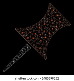 Glossy mesh pin with glitter effect. Abstract illuminated model of pin icon. Shiny wire frame polygonal mesh pin. Vector abstraction on a black background. Abstract 2d mesh designed with triangles,