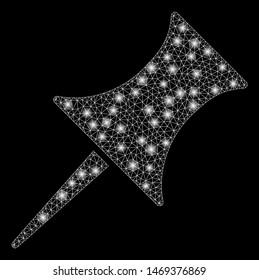 Glossy mesh pin with lightspot effect. Abstract illuminated model of pin icon. Shiny wire frame polygonal mesh pin. Vector abstraction on a black background.