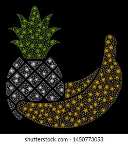 Glossy mesh pineapple and banana fruits with glare effect. Abstract illuminated model of pineapple and banana fruits icon. Shiny wire carcass polygonal network pineapple and banana fruits.