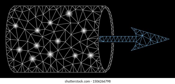 Glossy mesh pipe direction with glare effect. Abstract illuminated model of pipe direction icon. Shiny wire carcass triangular mesh pipe direction. Vector abstraction on a black background.