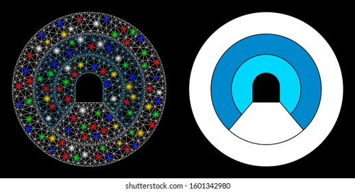 Glossy mesh pipe tunnel icon with glow effect. Abstract illuminated model of pipe tunnel. Shiny wire frame triangular mesh pipe tunnel icon. Vector abstraction on a black background.