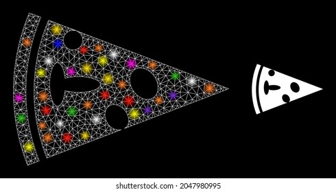 Glossy mesh pizza piece constellation icon with lightspots. Illuminated vector constellation based on pizza piece icon. Sparkle frame polygonal pizza piece on a black background.