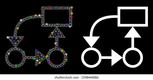 Glossy mesh plan icon with lightspot effect. Abstract illuminated model of plan. Shiny wire frame triangular mesh plan icon. Vector abstraction on a black background.