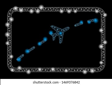 Glossy mesh plane route with glitter effect. Abstract illuminated model of plane route icon. Shiny wire frame triangular mesh plane route. Vector abstraction on a black background.