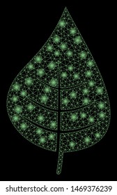Glossy mesh plant leaf with glitter effect. Abstract illuminated model of plant leaf icon. Shiny wire frame triangular mesh plant leaf. Vector abstraction on a black background.