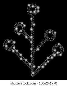 Glossy mesh plant with sparkle effect. Abstract illuminated model of plant icon. Shiny wire carcass polygonal mesh plant. Vector abstraction on a black background.