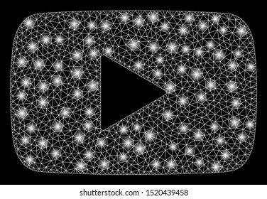 Glossy mesh play video with glare effect. Abstract illuminated model of play video icon. Shiny wire frame polygonal mesh play video. Vector abstraction on a black background.