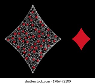 Glossy mesh playing card diamond suit with lightspots. Wire frame 2D mesh generated from crossed white lines and playing card diamond suit icon.