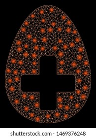 Glossy mesh plus egg with lightspot effect. Abstract illuminated model of plus egg icon. Shiny wire frame triangular network plus egg. Vector abstraction on a black background.