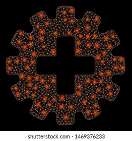 Glossy mesh plus gear with glow effect. Abstract illuminated model of plus gear icon. Shiny wire frame triangular mesh plus gear. Vector abstraction on a black background.