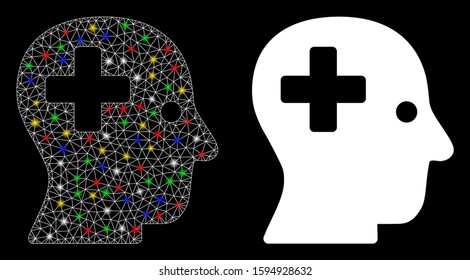 Glossy mesh plus head icon with glare effect. Abstract illuminated model of plus head. Shiny wire carcass polygonal mesh plus head icon. Vector abstraction on a black background.