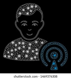 Glossy mesh podcast creator with glow effect. Abstract illuminated model of podcast creator icon. Shiny wire carcass triangular network podcast creator. Vector abstraction on a black background.