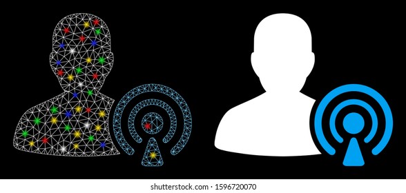 Glossy mesh podcast creator icon with glare effect. Abstract illuminated model of podcast creator. Shiny wire carcass triangular mesh podcast creator icon. Vector abstraction on a black background.