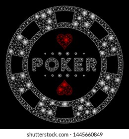 Glossy mesh poker casino chip with glitter effect. Abstract illuminated model of poker casino chip icon. Shiny wire frame triangular mesh poker casino chip. Vector abstraction on a black background.