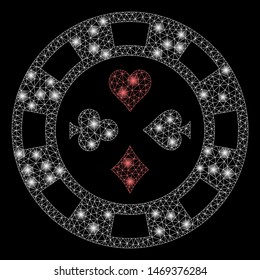 Glossy mesh poker casino chip with glitter effect. Abstract illuminated model of poker casino chip icon. Shiny wire carcass triangular mesh poker casino chip. Vector abstraction on a black background.
