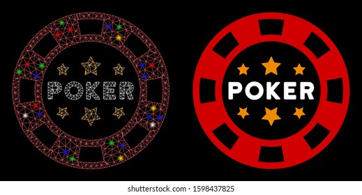Glossy mesh poker casino chip icon with sparkle effect. Abstract illuminated model of poker casino chip. Shiny wire frame triangular mesh poker casino chip icon.