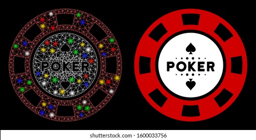 Glossy mesh poker casino chip icon with sparkle effect. Abstract illuminated model of poker casino chip. Shiny wire carcass polygonal mesh poker casino chip icon.