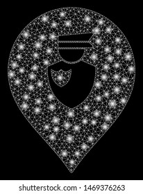 Glossy mesh policeman marker with sparkle effect. Abstract illuminated model of policeman marker icon. Shiny wire frame polygonal network policeman marker. Vector abstraction on a black background.