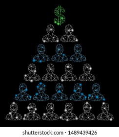 Glossy mesh Ponzi pyramid scheme with lightspot effect. Abstract illuminated model of Ponzi pyramid scheme icon. Shiny wire frame polygonal mesh Ponzi pyramid scheme.