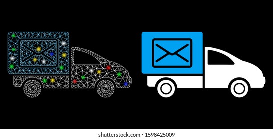 Glossy mesh post delivery car icon with sparkle effect. Abstract illuminated model of post delivery car. Shiny wire carcass triangular mesh post delivery car icon.
