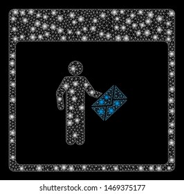 Glossy mesh postman calendar page with glitter effect. Abstract illuminated model of postman calendar page icon. Shiny wire carcass triangular mesh postman calendar page.