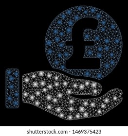 Glossy mesh pound coin payment hand with sparkle effect. Abstract illuminated model of pound coin payment hand icon. Shiny wire frame triangular mesh pound coin payment hand.